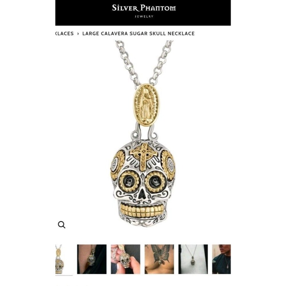 large Calavera Silver Phantom Sugar Skull Necklace 925, Gothic Rock Chain